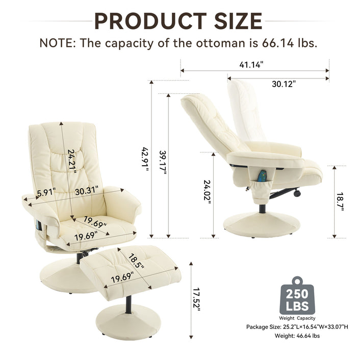 Giga recliner chair with ottoman, 360° swivel lounge chair featuring massage, vibration, and heated seat for comfort and relaxation.