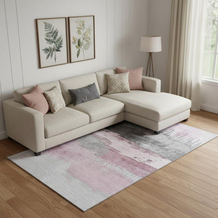 10' X 14' Abstract Washable Area Rug With UV Protection (706691) - Pink / Gray / Ivory