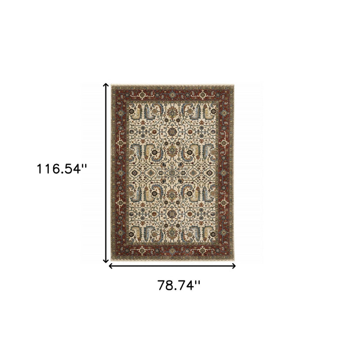 6.6' x 9.7' Oriental Power Loom Area Rug With Fringe - Red And Ivory