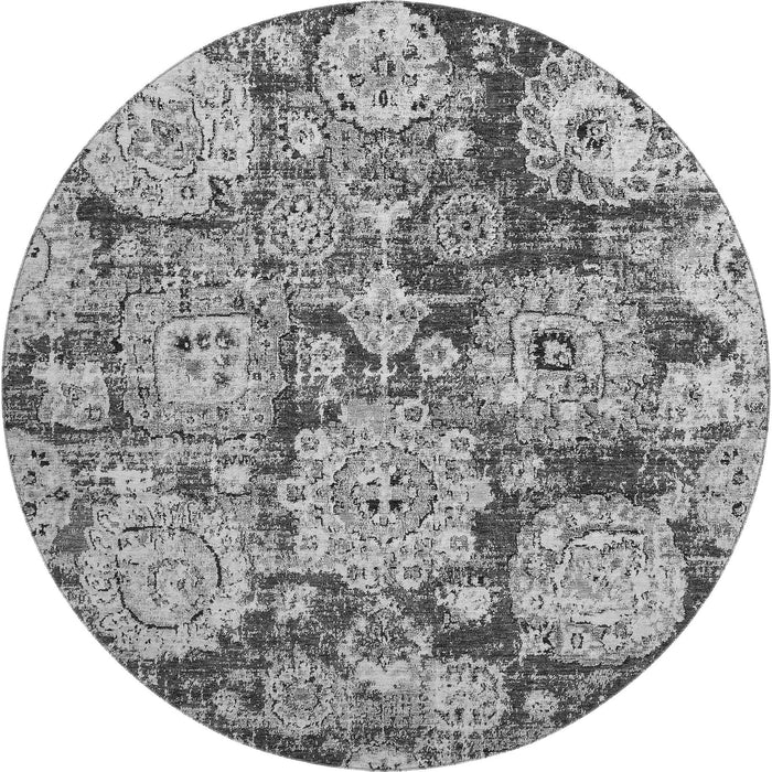 8' Floral Washable Round Rug With UV Protection (653203) - Gray / Ivory