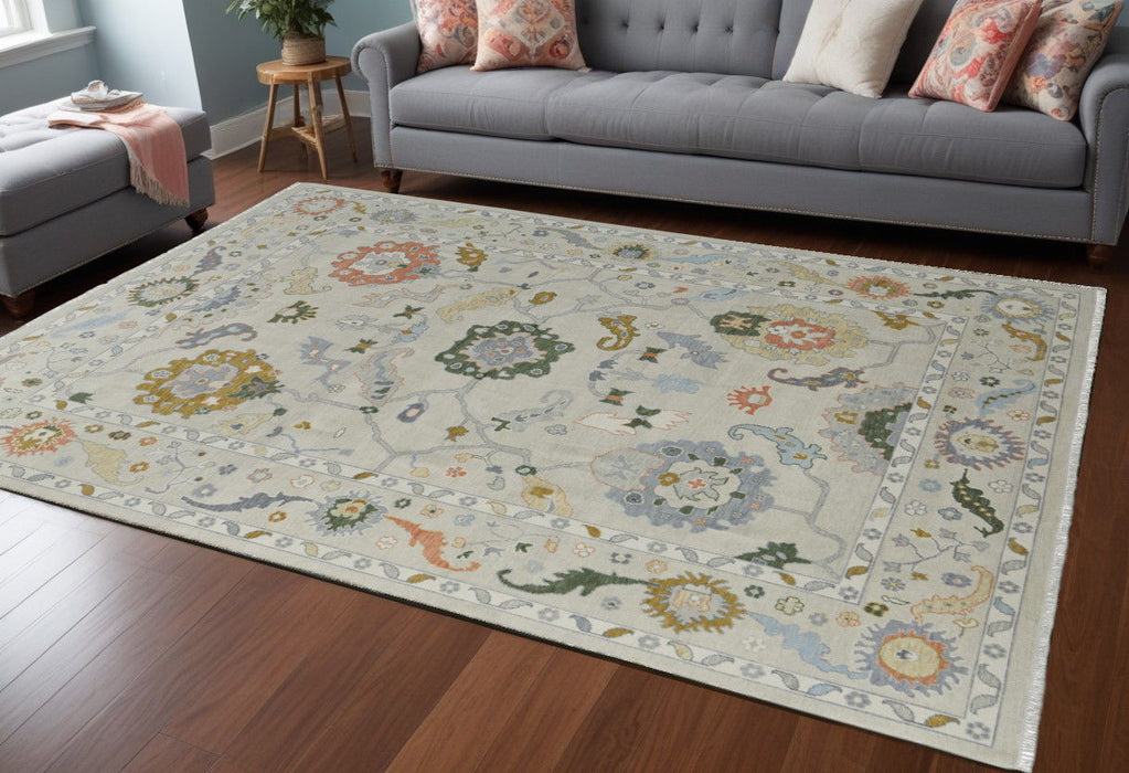 12' x 15' Wool Floral Hand Knotted Area Rug With Fringe - Gray Ivory And Gold