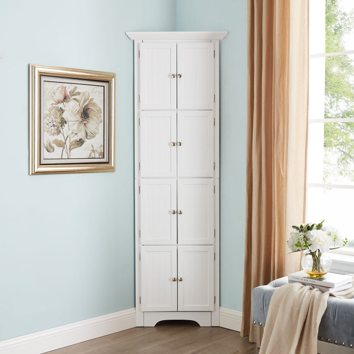 Giga tall storage cabinet with doors and four shelves, modern accent cabinet suitable for living room, kitchen, office, or bedroom.