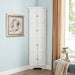 Giga tall storage cabinet with doors and four shelves, modern accent cabinet suitable for living room, kitchen, office, or bedroom.