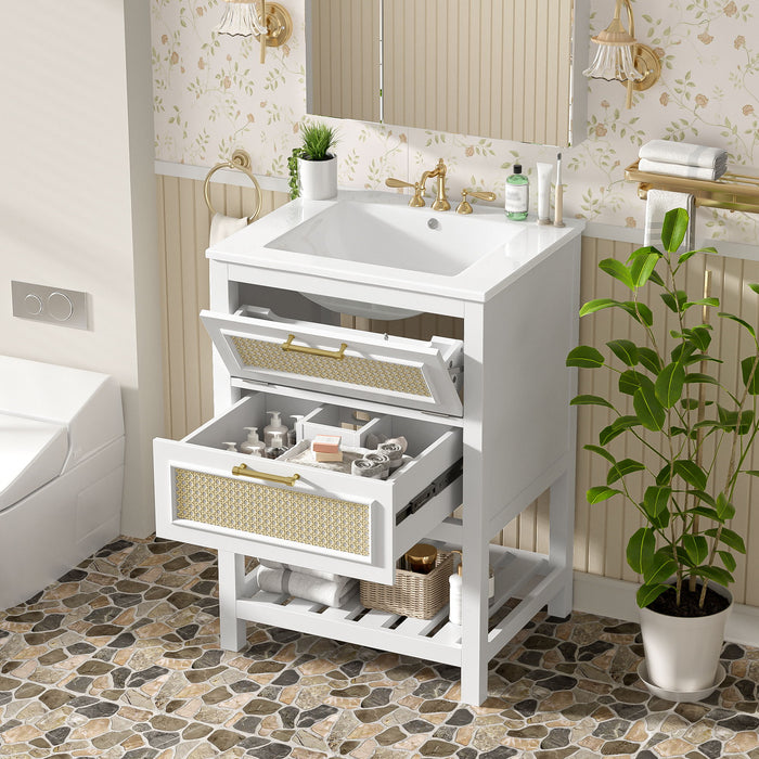 Modern Giga bathroom vanity with integrated sink, featuring a deep drawer and a tip-out drawer for stylish storage.