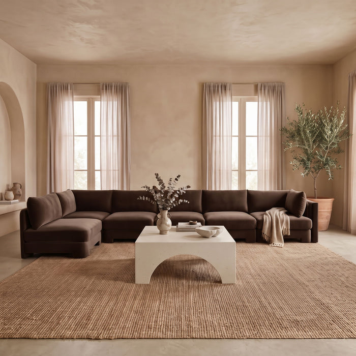 Velvet performance fabric upholstered Meridian Furniture 6-piece L-shaped armless sectional sofa in a stationary design.
