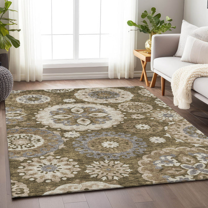 10' X 14' Medallion Washable Area Rug With UV Protection - Brown