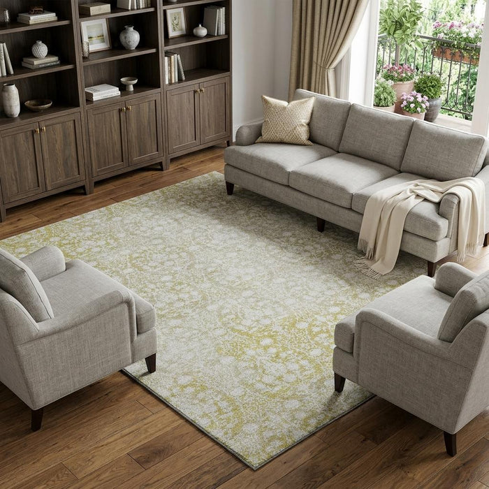 10' X 14' Damask Washable Area Rug With UV Protection (692094) - Gold / Ivory