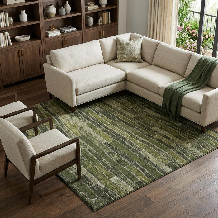 10' X 14' Striped Washable Area Rug With UV Protection (692874) - Olive Green / Beige