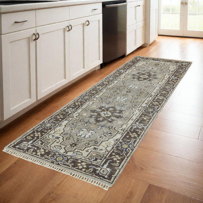 8' Medallion Hand Knotted Runner Rug With Fringe - Beige Blue And Gray