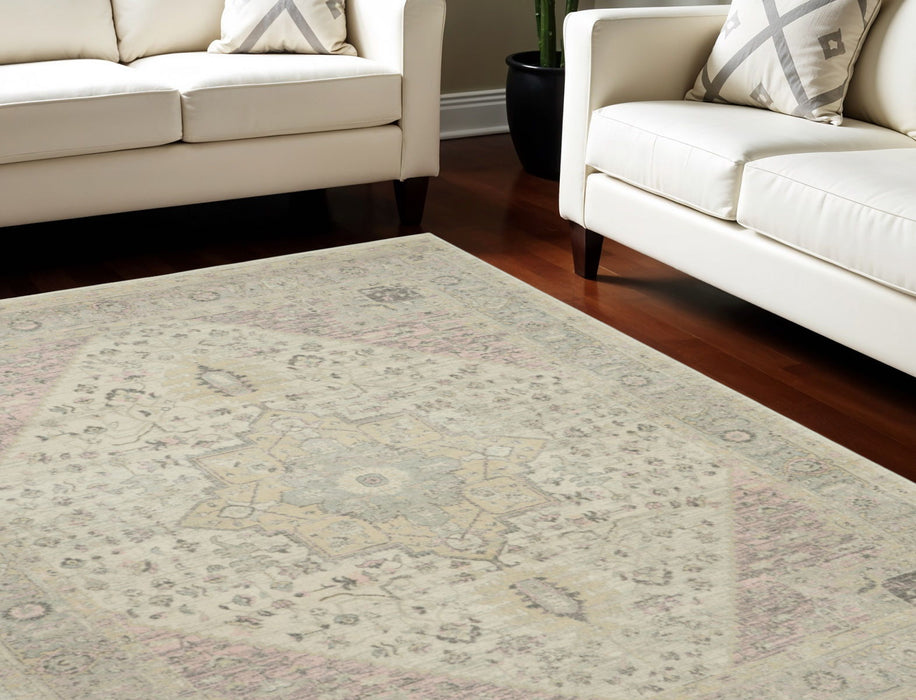 9' X 12' Floral Medallion Distressed Area Rug - Ivory