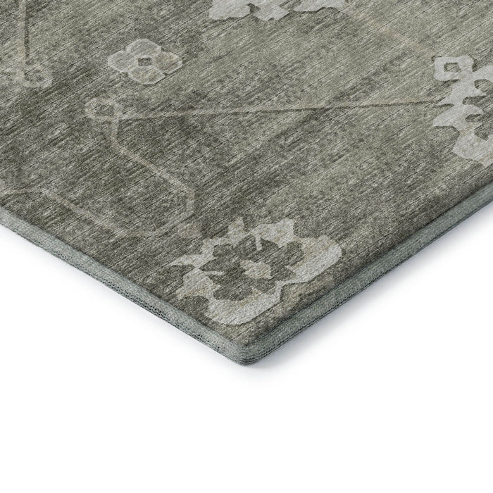 8' Floral Medallion Washable Round Rug With UV Protection - Olive Green And Ivory