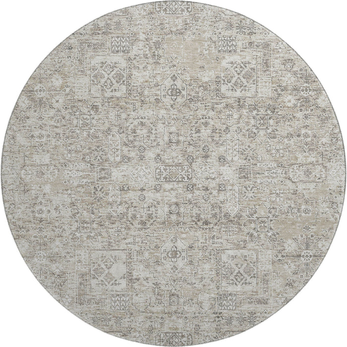 8' Floral Washable Round Rug With UV Protection (651223) - Taupe / Ivory