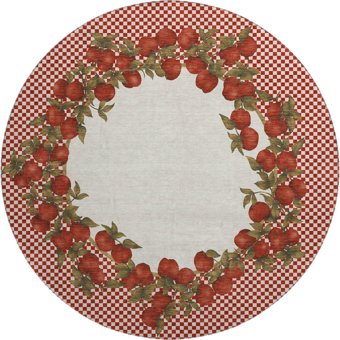 8' Geometric Washable Round Rug With UV Protection - Red And Ivory
