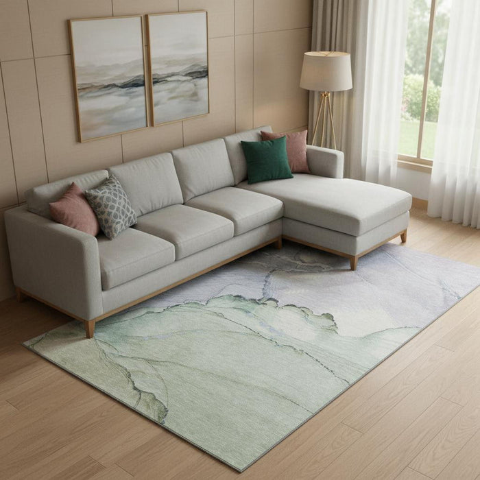 10' X 14' Abstract Washable Area Rug With UV Protection (701263) - Artichoke Green / Lavender / Ivory