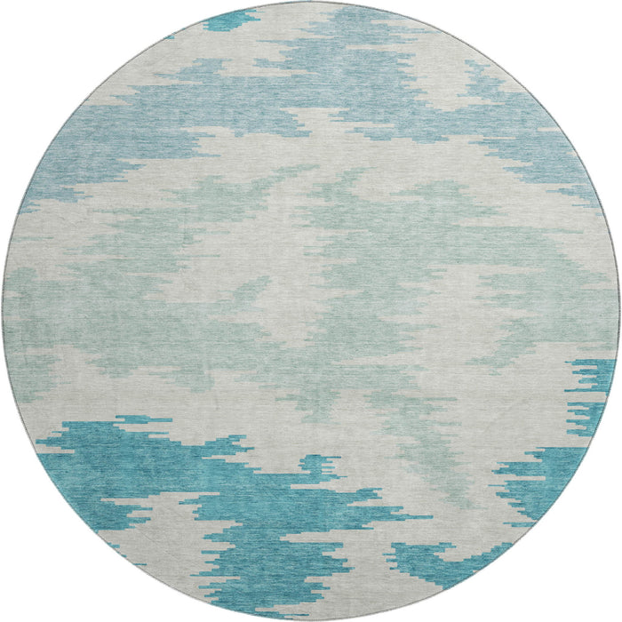 8' Abstract Washable Round Rug Polyester With UV Protection - Teal / Ivory