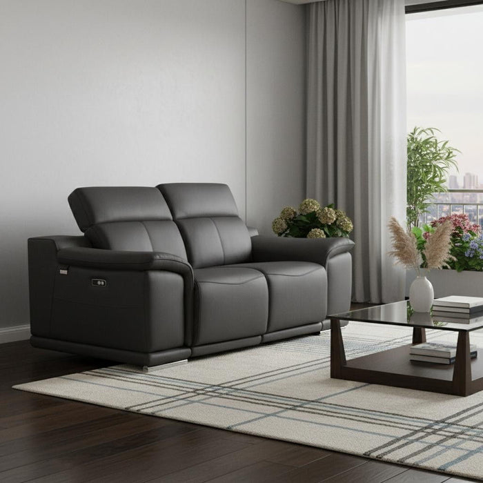 Italian Leather, Power Reclining Loveseat - Gray / Silver