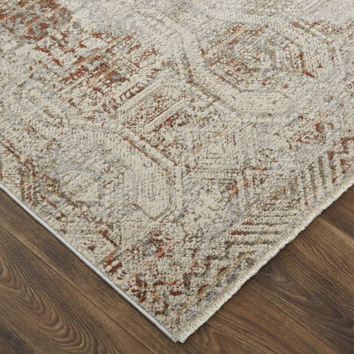 8' x 10' Floral Power Loom Distressed Area Rug With Fringe - Tan Ivory And Orange