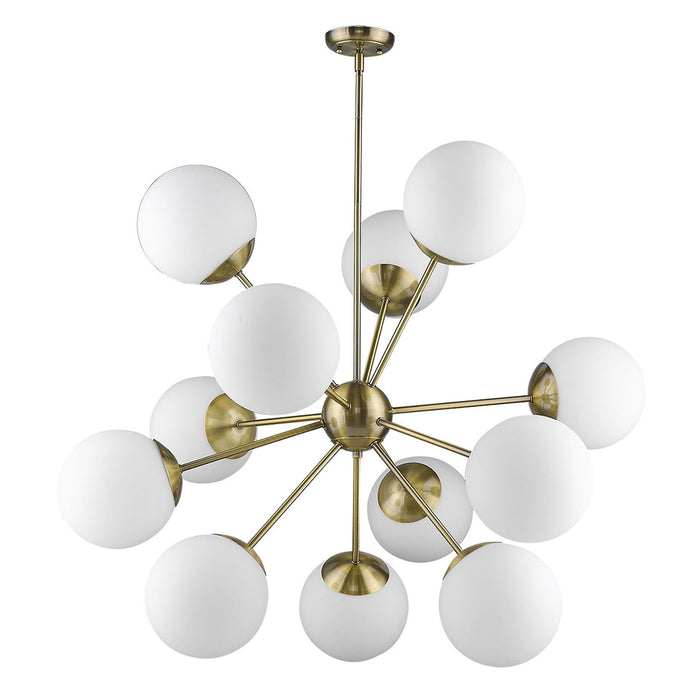 HomeRoots Sputnik twelve-light chandelier with frosted metal, white shades, and brass finish, dimmable for modern lighting decor.