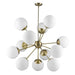 HomeRoots Sputnik twelve-light chandelier with frosted metal, white shades, and brass finish, dimmable for modern lighting decor.