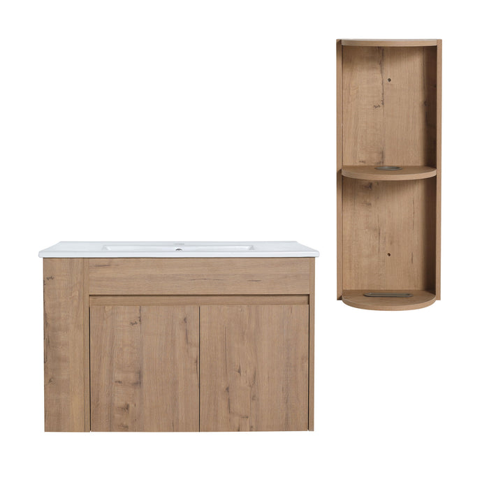 Modern Giga wall-mounted bathroom vanity with sink, storage rack, soft-close doors, plywood construction, imitative oak finish.