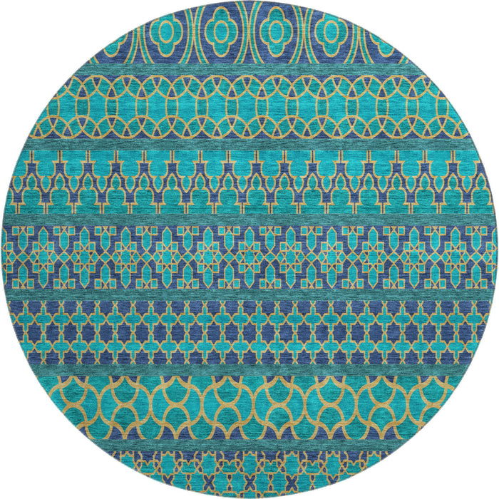 8' Ikat Washable Round Rug With UV Protection - Teal And Gold