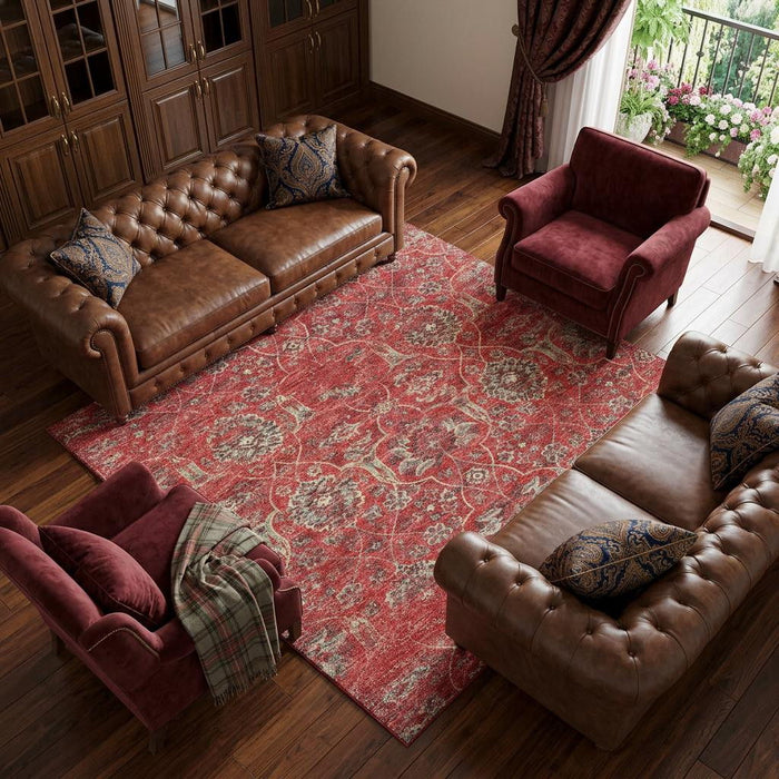 8' X 10' Floral Medallion Distressed Washable Area Rug With UV Protection (644590) - Red / Beige
