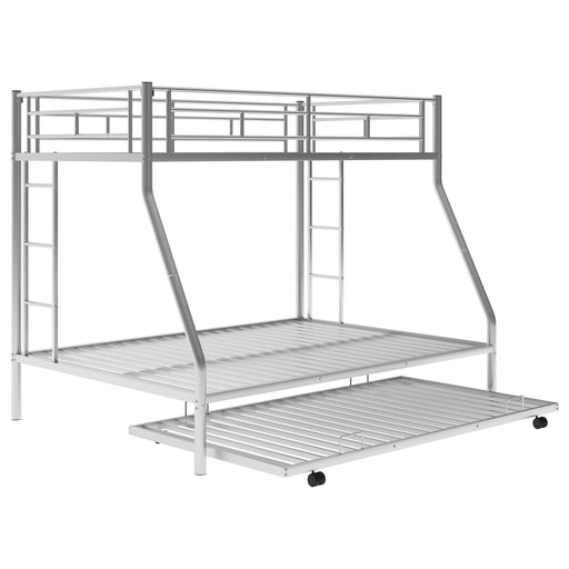 Giga bunk bed with steel frame, trundle, and two side ladders, showcasing sturdy construction and space-saving design.