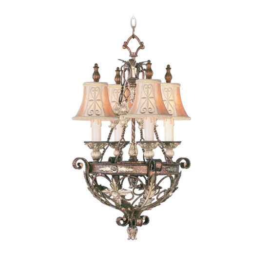 HomeRoots 29-inch four-light metal chandelier with bronze finish and cream shades, dimmable lighting for elegant room decor.