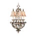 HomeRoots 29-inch four-light metal chandelier with bronze finish and cream shades, dimmable lighting for elegant room decor.