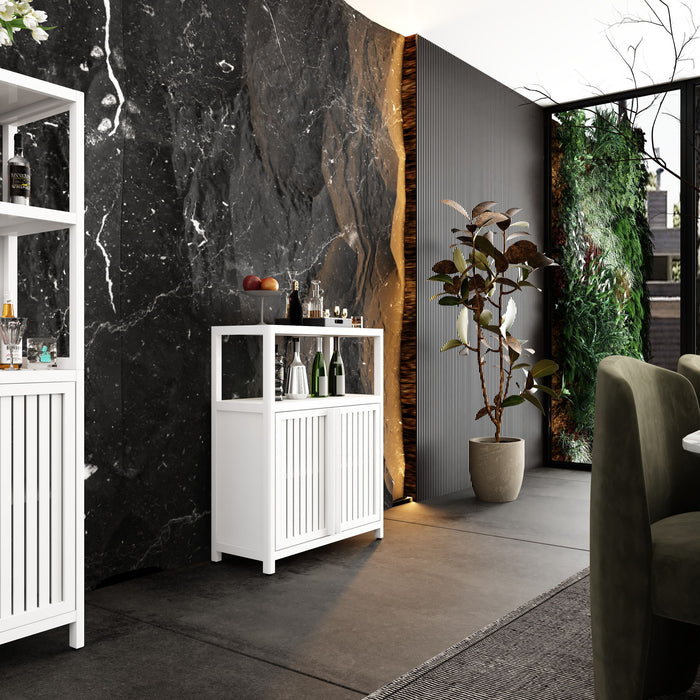 Giga white bamboo large capacity linen storage cabinet with shelves, ideal for bathroom or living room organization