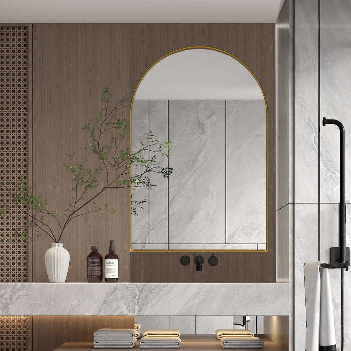 Giga arched recessed medicine cabinet with metal frame, mirror, and adjustable shelves for bathroom wall storage.