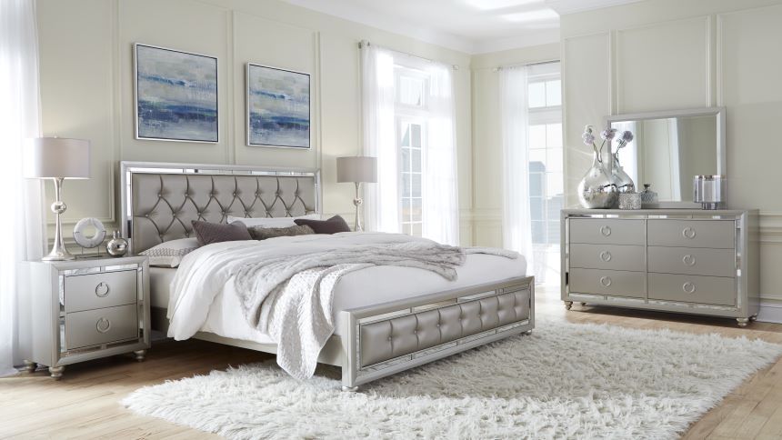 Riley Silver King Bed, Dresser, Mirror, 2 Nightstands and Chest