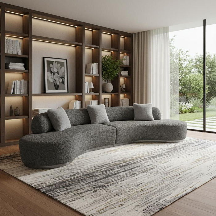 Boucle Curved Sofa With Toss Pillows - Dark Gray