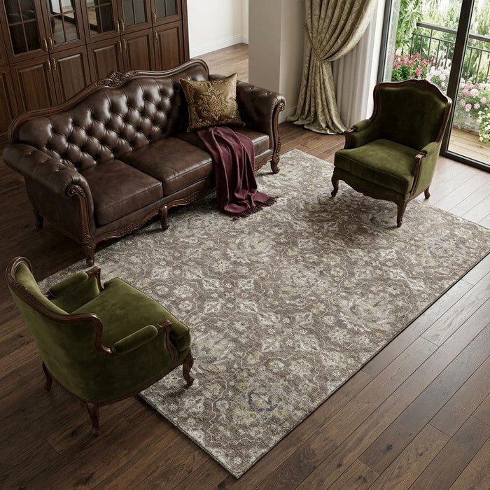 8' X 10' Floral Medallion Distressed Washable Area Rug With UV Protection (644560) - Taupe / Ivory / Gold