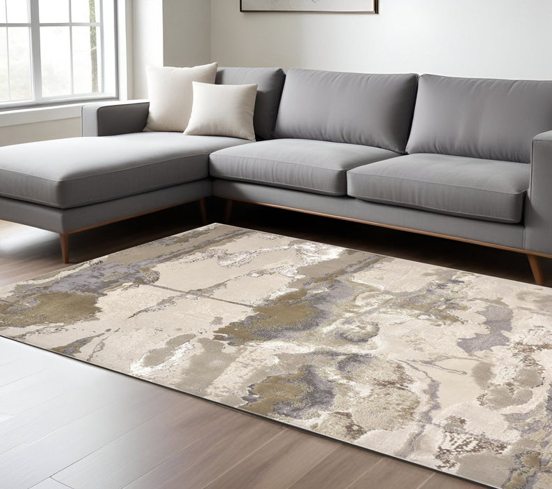 7' x 10' Abstract Stain Resistant Area Rug - Gray Ivory And Gold