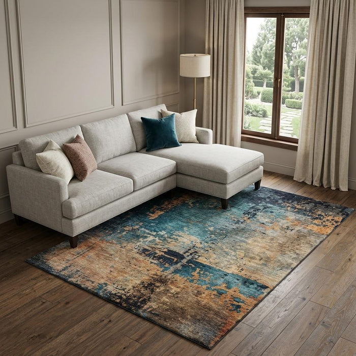 10' X 14' Abstract Washable Area Rug With UV Protection (688364) - Teal / Beige / Gray