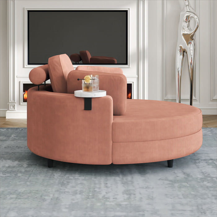 Giga stationary chair and ottoman with two throw pillows, waist pillow, and tray for cozy seating in small apartment bedroom.