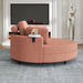 Giga stationary chair and ottoman with two throw pillows, waist pillow, and tray for cozy seating in small apartment bedroom.