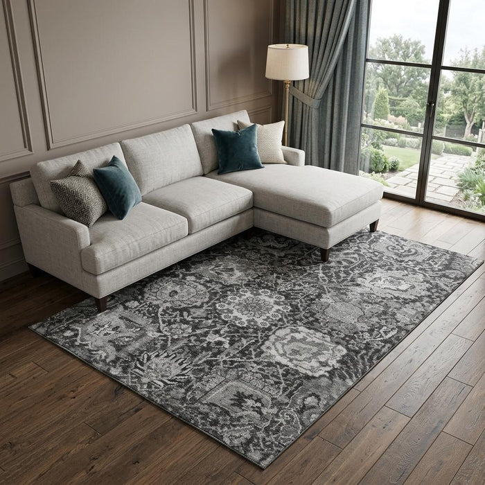 10' X 14' Damask Washable Area Rug With UV Protection (692976) - Gray / Silver / Charcoal
