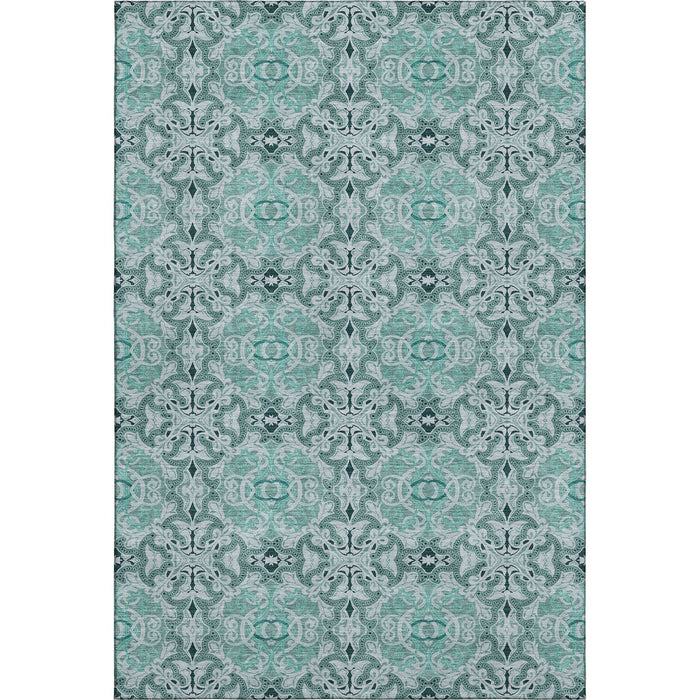 9' X 12' Medallion Washable Area Rug Polyester With UV Protection - Teal And Ivory