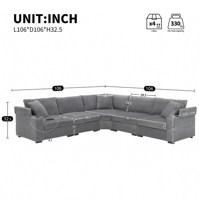 Giga convertible L-shaped sectional sofa with armrest storage, cup holders, USB charger, oversized modular design, plush and comfy.