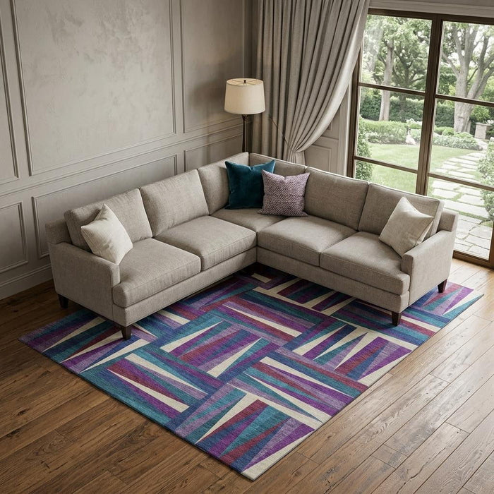 10' X 14' Geometric Washable Area Rug With UV Protection (679456) - Purple / Ivory / Blue