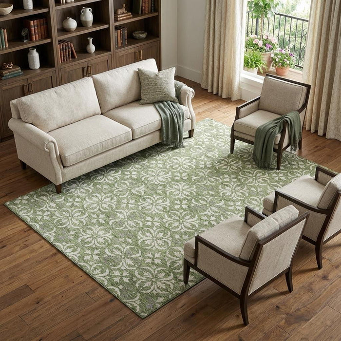 10' X 14' Floral Washable Area Rug With UV Protection (673939) - Green / Ivory