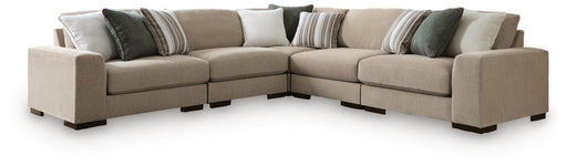 Benchcraft Linenhause 5-piece Dune sectional sofa with beige linen upholstery and plush cushions in a modern living room setting.