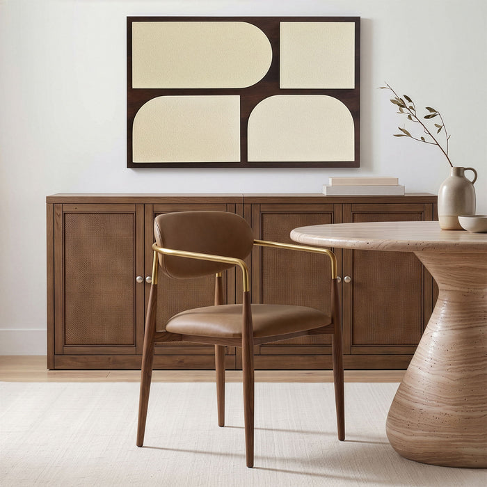 Vegan leather upholstered dining arm chair with walnut wood legs by Meridian Furniture, showing a stylish and comfortable design.