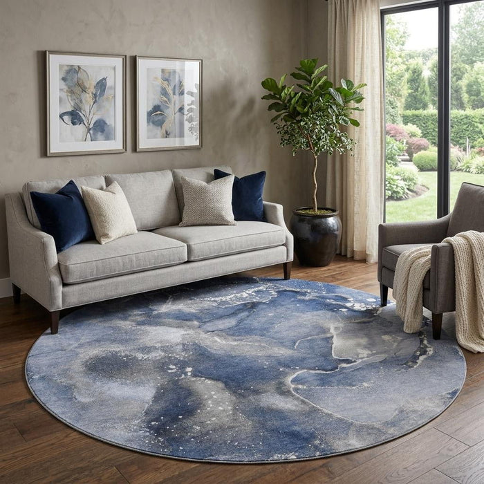 8' Abstract Washable Round Rug With UV Protection (647239) - Navy Blue / Ivory
