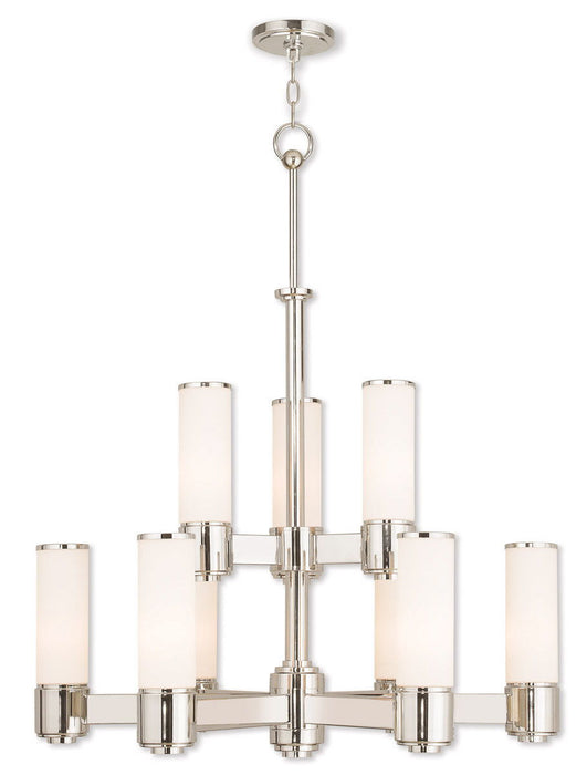 Nine Light Metal Dimmable Chandelier With Shades - Nickel / Opal