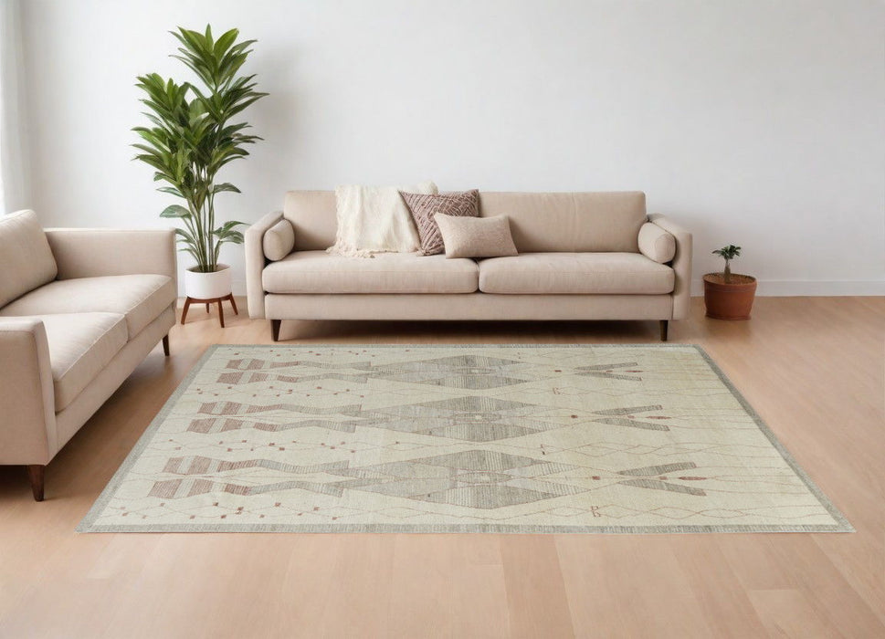 8' x 12' Wool Geometric Hand Knotted Area Rug - Gray And Red