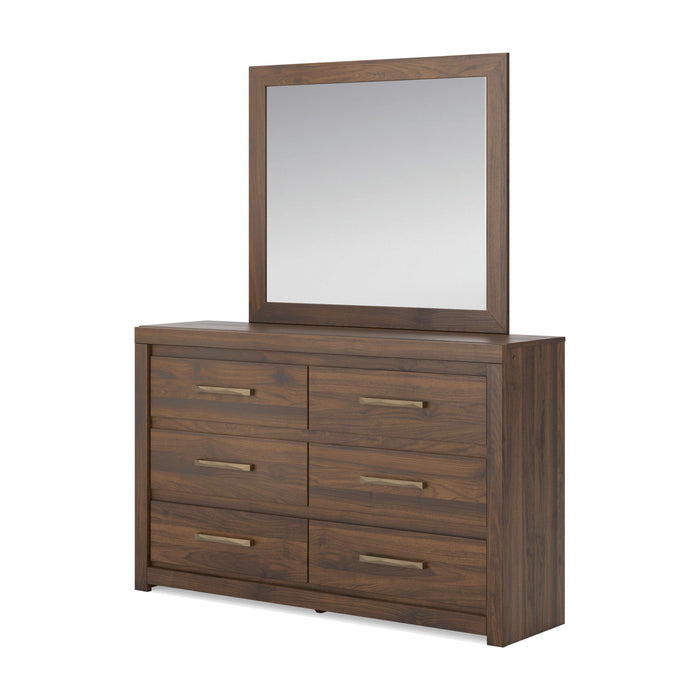 Signature Design by Ashley six-drawer dresser with sleek wood finish and modern handles, offering ample storage space.