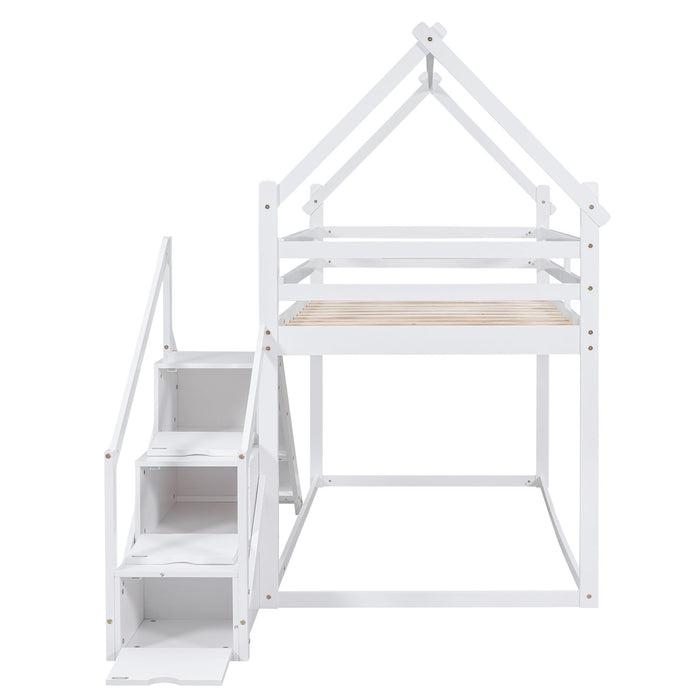Giga twin over twin bunk bed with house loft design, slide, and staircase, featuring a cozy sleeping area and play space.